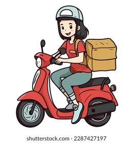 Mascota de una linda mensajera de parto montada en moto caja de carga. Ilustración vectorial de caricatura plana