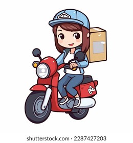 Mascota de una linda mensajera de parto montada en moto caja de carga. Ilustración vectorial de caricatura plana