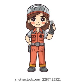 Mascot of cute girl mechanic engine repair woman wearing uniform, helmet, and cap. Cartoon flat character vector illustration