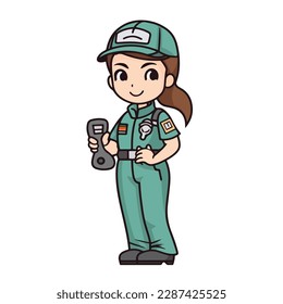 Mascot of cute girl mechanic engine repair woman wearing uniform, helmet, and cap. Cartoon flat character vector illustration