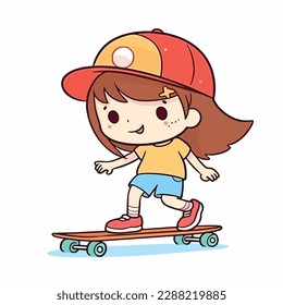 Mascot of cute girl playing skateboard. Cartoon flat character vector illustration