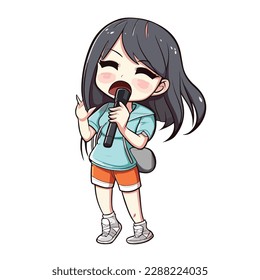 Mascot of cute girl singing with microphone. Cartoon flat character vector illustration