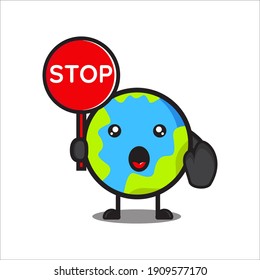 mascot cute globe with stop sign, character, illustration of globe, vector eps 10 on white background