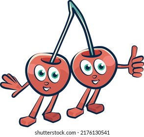 Mascot of a cute and happy cherry twins with outlines and shadows