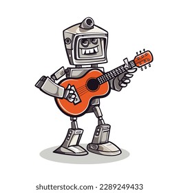 Mascot of cute humanoid robot playing guitar. Cartoon flat character vector illustration