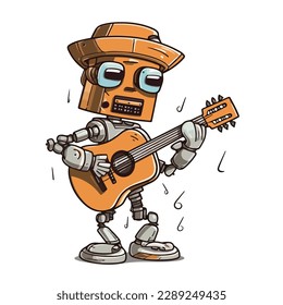 Mascot of cute humanoid robot playing guitar. Cartoon flat character vector illustration