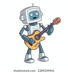 Mascota de un lindo robot humanoide tocando la guitarra. Ilustración vectorial de caricatura plana