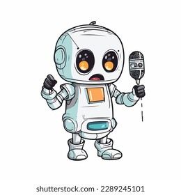 Mascot of cute humanoid robot singing with microphone. Cartoon flat character vector illustration
