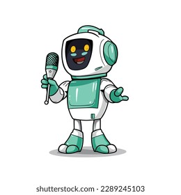 Mascot of cute humanoid robot singing with microphone. Cartoon flat character vector illustration