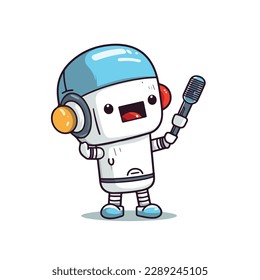 Mascot of cute humanoid robot singing with microphone. Cartoon flat character vector illustration