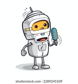 Mascot of cute humanoid robot singing with microphone. Cartoon flat character vector illustration