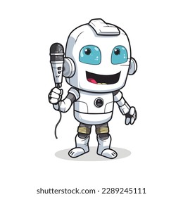 Mascot of cute humanoid robot singing with microphone. Cartoon flat character vector illustration