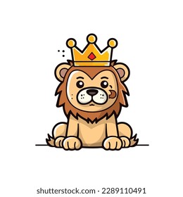 Mascot cute lion king wearing golden crown  Cartoon flat character vector illustration