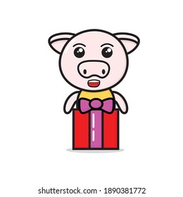 mascot cute pig with gifts in valentine