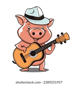 Mascot of cute pink pig guitarist playing guitar. Cartoon flat character vector illustration