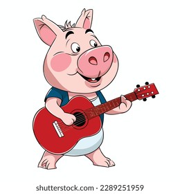 Mascot of cute pink pig guitarist playing guitar. Cartoon flat character vector illustration