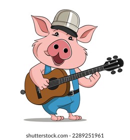 Mascot of cute pink pig guitarist playing guitar. Cartoon flat character vector illustration