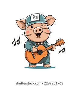 Mascot of cute pink pig guitarist playing guitar. Cartoon flat character vector illustration