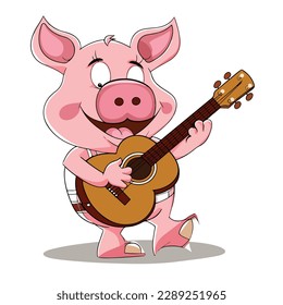 Mascot of cute pink pig guitarist playing guitar. Cartoon flat character vector illustration