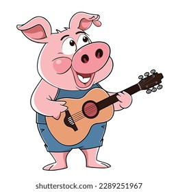 Mascot of cute pink pig guitarist playing guitar. Cartoon flat character vector illustration