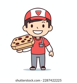 Mascot of cute pizza delivery boy holding pizza box. Cartoon flat character vector illustration