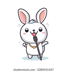 Mascot of cute singer rabbit sing a song with microphone. Cartoon flat character vector illustration