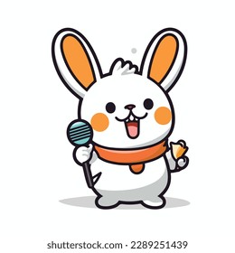Mascot of cute singer rabbit sing a song with microphone. Cartoon flat character vector illustration