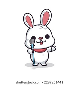 Mascot of cute singer rabbit sing a song with microphone. Cartoon flat character vector illustration