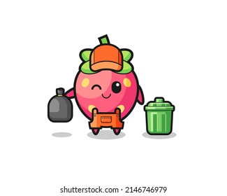 the mascot of cute strawberry as garbage collector , cute design