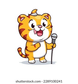 Mascot of cute tiger singing with microphone. Cartoon flat character vector illustration