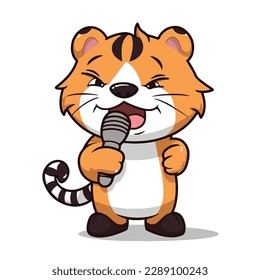 Mascot of cute tiger singing with microphone. Cartoon flat character vector illustration