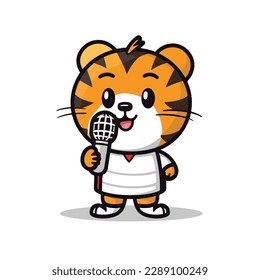 Mascot of cute tiger singing with microphone. Cartoon flat character vector illustration
