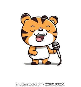 Mascot of cute tiger singing with microphone. Cartoon flat character vector illustration