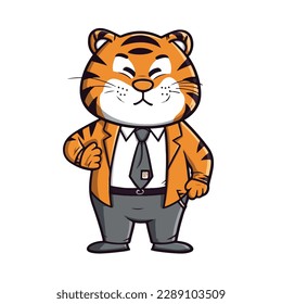 Mascot of cute tiger wearing formal suit concept boss or student college university. Cartoon flat character vector illustration