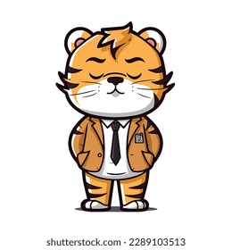 Mascot of cute tiger wearing formal suit concept boss or student college university. Cartoon flat character vector illustration