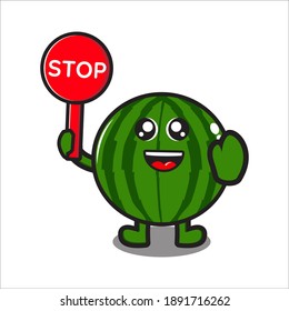 mascot cute watermelon character with stop sign vector illustration eps 10