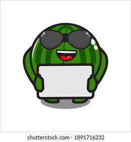 mascot cute watermelon character with white chalkboard vector design eps 10 on white background