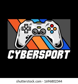 Mascot cybersport Logo for team with gamepad for play video game for gamer. Vector design illustration with controller for players of geek culture. Apparel print design for t shirt sticker clothes.