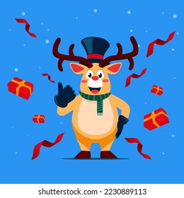 Mascot Deer with hat with Gift Box arround Merry Christmas Celebrate