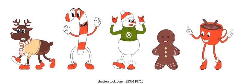 Mascot deer, snowman, gingerbread in cartoon style Santa's stick, mug of coffee, cocoa with cinnamon. Merry Christmas hot tee, coffe cup, holly jolly retro collection vector. Cute, funny greet