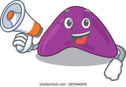 Mascot design of adrenal announcing new products on a megaphone