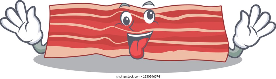 A mascot design of bacon having a funny crazy face