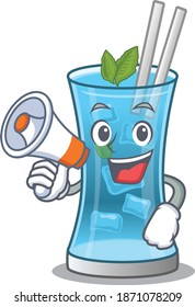 Mascot design of blue hawai cocktail announcing new products on a megaphone