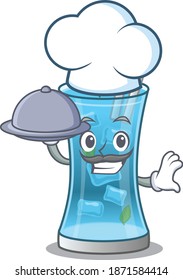 mascot design of blue hawai cocktail chef serving food on tray