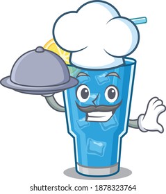 mascot design of blue lagoon cocktail chef serving food on tray