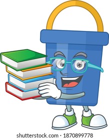 A mascot design of blue sand bucket student having books. Vector illustration