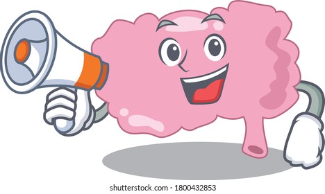 Mascot design of brain announcing new products on a megaphone