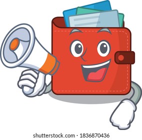 Mascot design of card wallet announcing new products on a megaphone