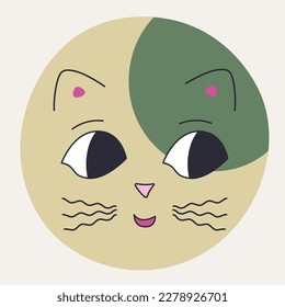 Mascot design, cat illustration. Flat character, fluffy cat with black eyes. Funny face, cute avatar, chat icon. Isolated on white
