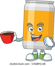 A mascot design character of beer can drinking a cup of coffee